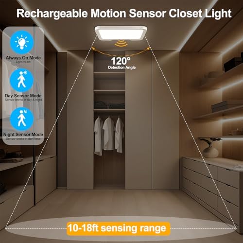 Rechargeable Motion Sensor Ceiling Light with Remote,Square-8.27in,1 Pack
