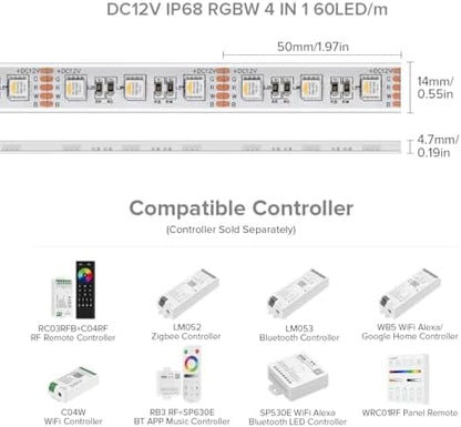 BTF-LIGHTING RGBW LED Strip IP68 Waterproof Cool White DC12V 16.4FT 300LED