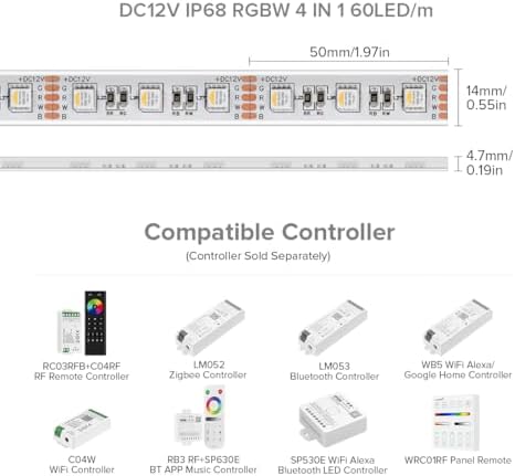 BTF-LIGHTING RGBW LED Strip IP68 Waterproof Warm White DC12V 16.4FT 300LED