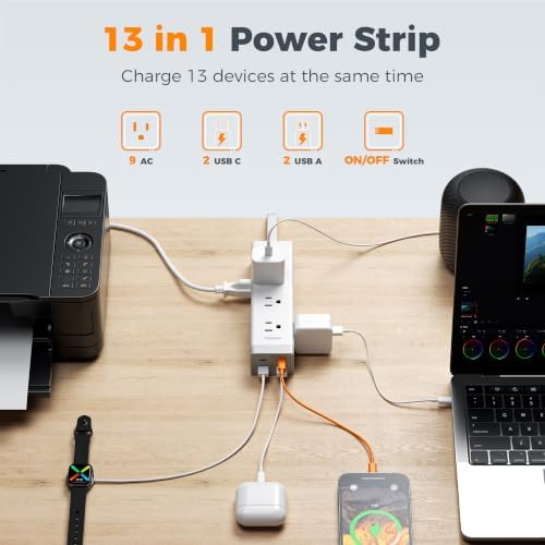 TESSAN Surge Protector Power Strip with 1050J Protection, 15 Ft, Grey