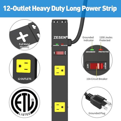12 Outlet Long Power Strips Wide-Spaced Outlets with 4ft Cord Power Strip