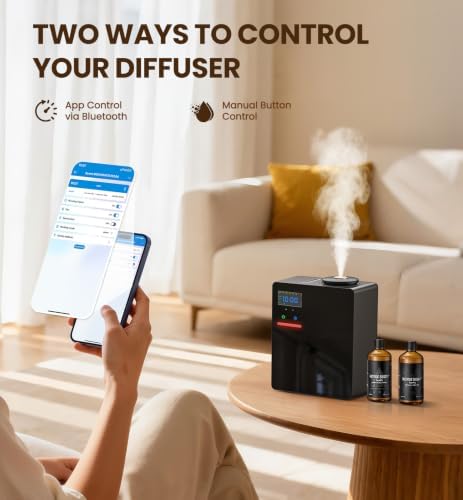 Waterless Essential Oil Diffuser with 2 x 100ML Oils, 5000 Sq.Ft Whole House Scent Machine, 200ml Cold Air Fragrance Diffuser with Bluetooth App Control for Home Hotel Office, Black