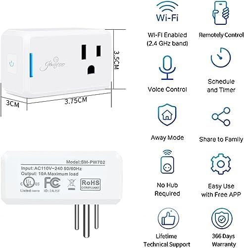 Jinvoo WiFi smart Plug, 10A 1000W Wireless Mini Socket, Timer Remote Control by app and Voice Compatible with Tuya Smart Life app Alexa and Google,no Hub Required, ETL Listed FCC Certified 4 Pack