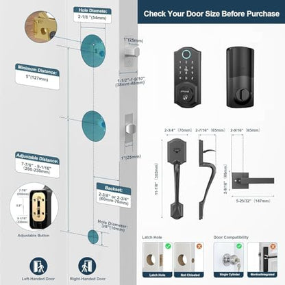 SMONET Smart Lock for Front Door, Keyless Entry Door Lock with Handle Set, Fingerprint Digital Keypad Deadbolt with App Control, Bluetooth Smart Lock, Auto Lock, Alexa Compatible, Black