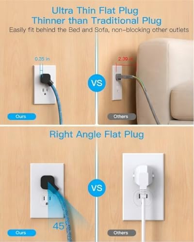 5 Ft Braided Extension Cord, Ultra-Thin Flat Plug, 4 Widely Spaced Outlets
