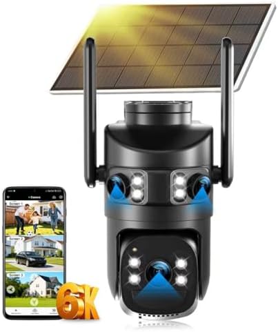 8MP 6K Triple Lens Solar Security Camera Outdoor, 5GHz/2.4GHz WiFi Wireless PTZ Camera, Color Night Vision, Auto Human Tracking, Two-Way Audio,IP66 Weatherproof Home Surveillance Cam