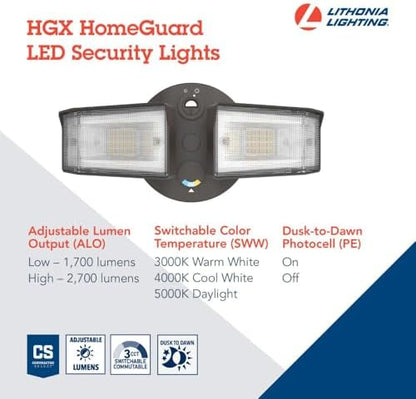 Lithonia Lighting HomeGuard 2-Light LED Outdoor Flood Lights, Outdoor LED Lights, Dusk to Dawn Sensor, Adjustable Lumens, Selectable Color, Square Heads, Dark Bronze (HGX LED 2SH ALO SWW2 120 PE DDB)
