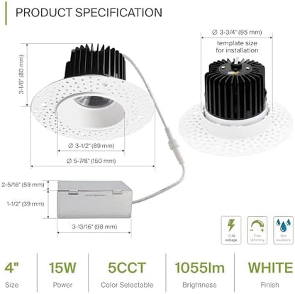 ASD 4 Inch Trimless LED Recessed Ceiling Light Fixture, Mud-in Canless Downlight with Junction Box, 5CCT 2700K-5000K, 15W 1055 Lumens, CRI90+, Anti-Glare, Dimmable, IC & Wet Rated, ETL, 8 Pack
