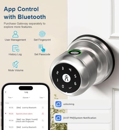 Smart Door Knob with Lock,Keyless Entry Fingerprint Door Lock,Bright Silver