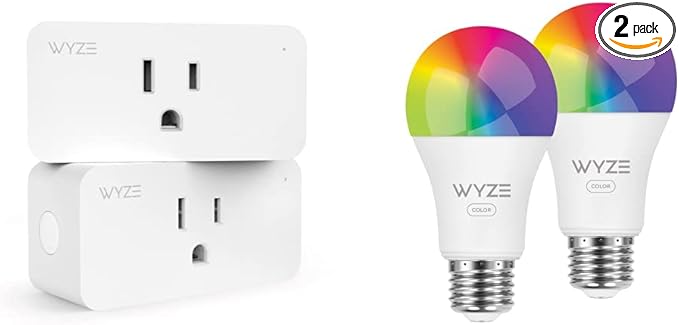Wyze Plug, 2.4GHz WiFi Smart Plug, Compatible with Alexa, Google Assistant, IFTTT, No Hub Required, Two-Pack, White & Bulb Color, 1100 Lumen WiFi RGB and Tunable White A19 Smart Bulb, Two-Pack