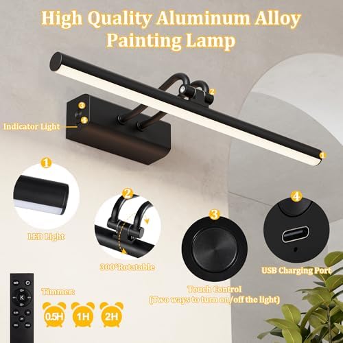 Battery Operated Picture Light for Wall, 13.8'', Black, RF Remote Control