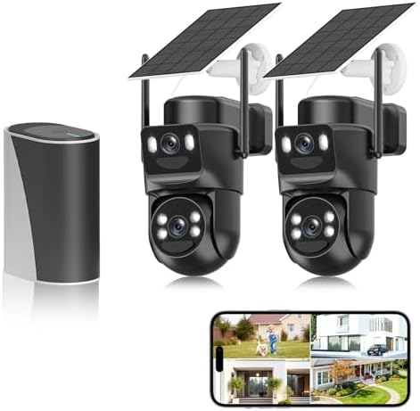 4K Solar Security Cameras Wireless Outdoor with Dual Lens, 2 Cam Kit, No Subscription Fee, Home Security System with Color Night Vision, Auto Tracking, Motion Detection