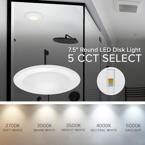 Maxxima 7.5 in. LED Flush Mount Ceiling Light Fixture, 1200 Lumens, 5 CCT 2700K/3000K/3500K/4000K/5000K, Round Disk Light, Dimmable, Recessed Can or J-Box Install (Pack of 5)