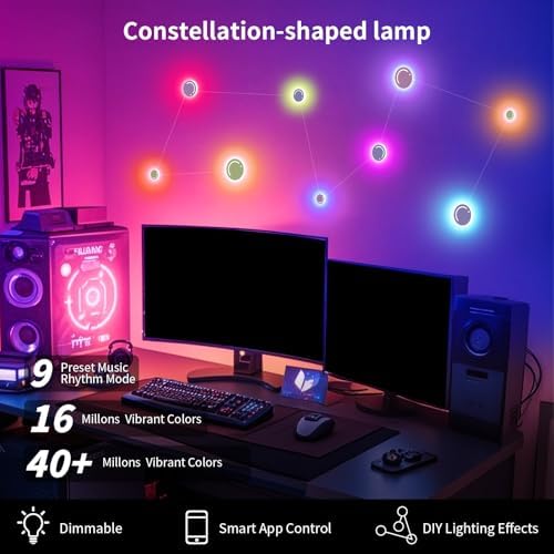 KANTUTOE Smart LED Wall Lights, 9-Piece RGB LED Light with App & Remote Control, TV Backlights, Music Sync, Color-Changing, Ambient Lighting for Gaming, Bedroom, Living Room and Home Decor