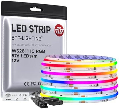 BTF-LIGHTING RGB WS2811 Smart IC FCOB COB LED Strip, UL Listed 576LEDs/m High Density Color Chasing Uniform Light, DC12V 16.4FT 10mm Width Tape Light for Home Party DIY Decor(No Adapter or Controller)