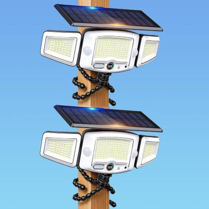 4000mAh Solar Motion Lights Outdoor with Octopus Mount, 2500LM 270° 3-Head Adjustable Solar Flood Lights with Digital Display & Remote, Dual PIR Sensor Security Lights for Fence Yard Patio Gazebo（2）