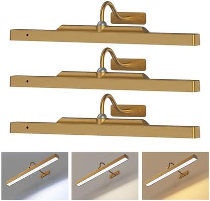 Picture Light Battery Rechargeable, 3Pack Picture Light for Wall with Remote, 3 Color Modes and Dimmable Classic Art Lights for Paintings, Pictures in Gallery, Bedroom, with Timer_Antique Gold