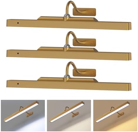 Picture Light Battery Rechargeable, 3Pack Picture Light for Wall with Remote, 3 Color Modes and Dimmable Classic Art Lights for Paintings, Pictures in Gallery, Bedroom, with Timer_Antique Gold