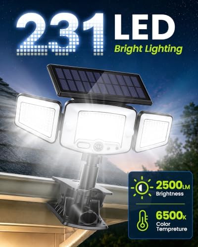 4000mAh Clip on Solar Lights Outdoor, 2500LM Motion Sensor Outdoor Lights with Digital Display, 270° Wide Angle &Dual PIR Sensors, IP65 Waterproof Solar Flood Lights for Fence Yard Deck Camping（2Pack）