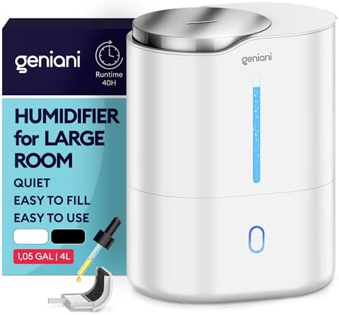 GENIANI Ultrasonic Cool Mist Humidifier for Bedroom, Large Rooms, Home, 4L - Easy Fill & Clean Humidifier for Plants w/Auto Shut-off, 40H Runtime - Quiet, Top Fill Air Humidifier