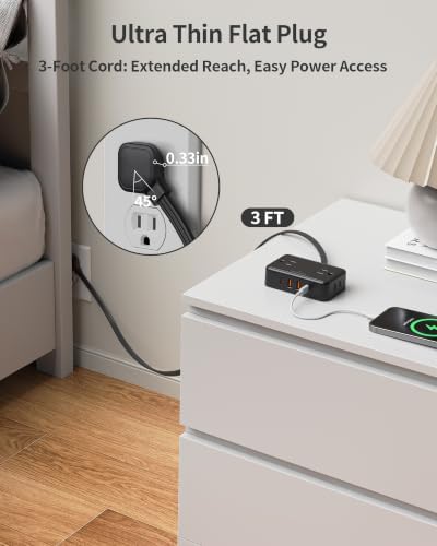 HOPOW Flat Plug Extension Cord, 4AC&2A2C, 3 FT Power Strip for Travel