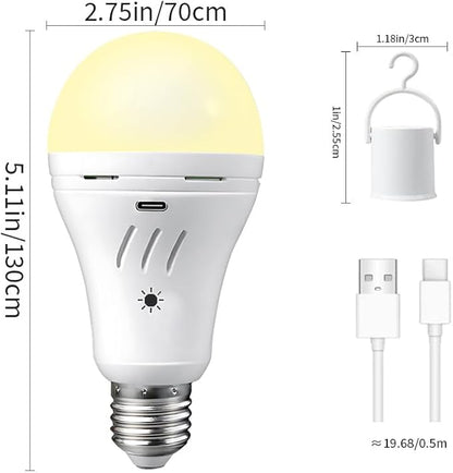 A19 Rechargeable Emergency Light Bulb with Remote, E26 USB Dual Charging, 3 Color Dimmable LED, Touch Hardwired Battery Powered Backup Bulb for Power Outage, Hurricane, Camping Outdoor
