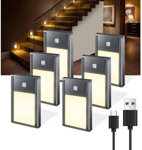 VST Motion Sensor Step Night Light, Rechargeable Battery Powered Led Light with Magnetic Suck Installation for Bedroom Hallway Stair Nursery Kids Room (2.68 inch 3000K 6Pack Black)