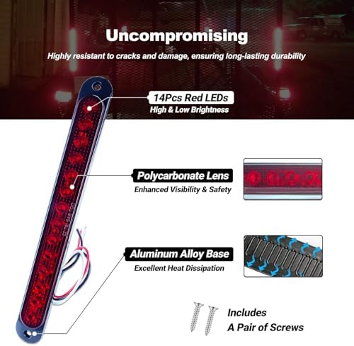 10" LED Trailer Brake Lights Bar Strip Aluminum Alloy Base Red Stop Turn Identification Side Marker Tail Lights Assembly for Truck Marine Boats, 15 LEDs 2Pcs