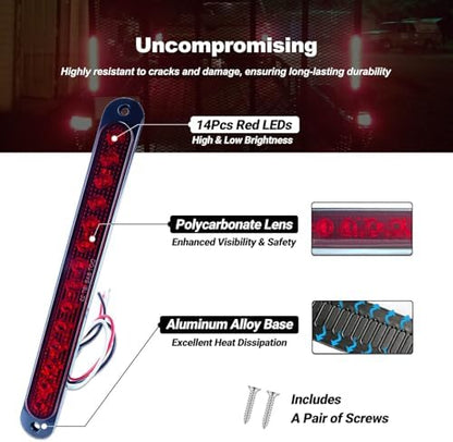 10" LED Trailer Brake Lights Bar Strip Aluminum Alloy Base Red Stop Turn Identification Side Marker Tail Lights Assembly for Truck Marine Boats, 15 LEDs 2Pcs