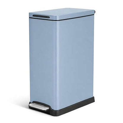 Home Zone Living 12 Gallon Slim Kitchen Trash Can with Soft Close Lid, Step Pedal, Bag Tuck Band, and Removable Liner, Stainless Steel, Steel Blue