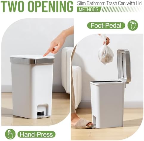 Slim Bathroom Trash Can With Lid, 2.6 Gallon /10 Liter Small Wastebasket, Press Top Bin & Step Metal Pedal Trash Bin, Mini Plastic Garbage Cans for Bedroom, Office, Kitchen, Dorm (grayish-white)