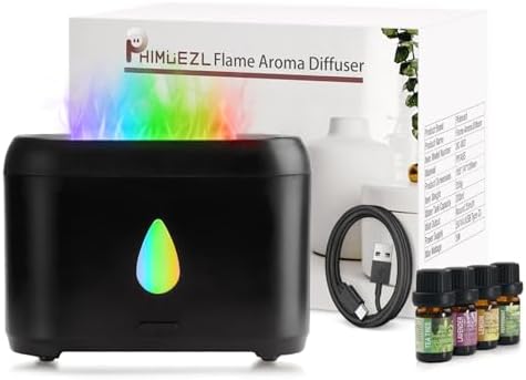 Flame Diffuser for Essential Oils, 200ml Ultrasonic Aroma Diffusers with Cool Mist, Aromatherapy Diffuser with Auto-Off Protection (Black(7 Colors), Peppermint+Lavender+Tea Tree+Lemon)