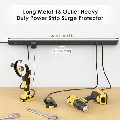 JUNNUJ Long Metal 16 Outlet Power Strip,Wide Spaced Wall Mount Metal Multiple Plugs for Industrial Garage Shop,Power Strip Surge Protection 4800J, 5-15P High Amp 6-20R T-Slot (Black, 6FT)
