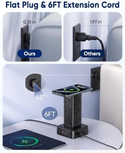 PD65W Power Strip Tower with 12 AC Outlets & 8 USB Ports(4 USB C), 6FT Cord
