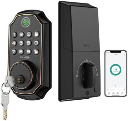 GHome Smart Fingerprint Door Lock for Front Door, Keyless Entry Deadbolt with Keypad, App Control, Auto Lock, Easy Install Digital Smart Lock for Family Homes, Garage Entry & Apartments