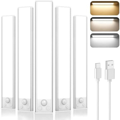 Under Cabinet Lighting, 5-Pack 10 inch 2200mAh Rechargeable Battery Operated Motion Sensor Lights Indoor, Wireless Dimmable Magnetic Under Counter Closet Night Lights for Kitchen, Stair