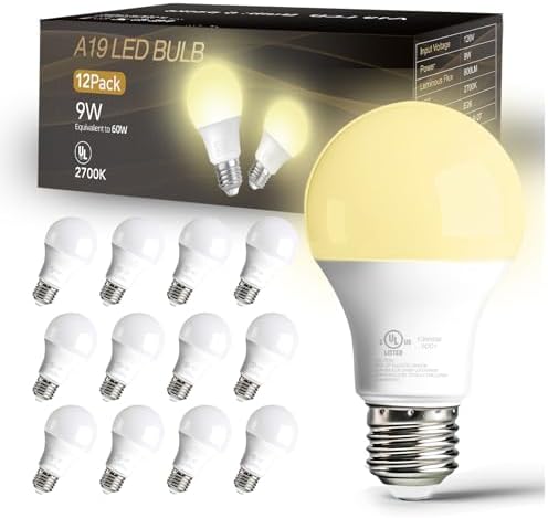 dalattin 12 Pack A19 LED Bulbs,9W Equivalent 60 Watts,E26 Base,Soft White 2700K, 800 LM, Non-Dimmable, Efficient Energy Saving Lights for Living Room,Office,80+ CRI,120V, UL Listed