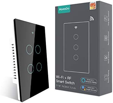 MoesGo WiFi Smart Wall Light Switch,Glass Panel, Multi-Control(3 Way), 2.4GHz Wi-Fi Touch Switches, Neutral Wire Required, Remote Control Smart Life/Tuya App, Work with Alexa, Google Home Black 4 Gang