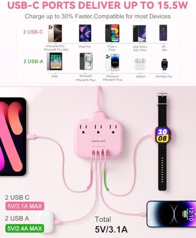 Pink Extension Cord with 3 AC Outlets & 4 USB Ports (2 USB-C), Pink Desk Accessories, 1625W Cute Extension Cord for Travel Curise Kawaii Desk Office Bedroom Accessories