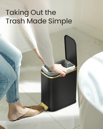 Cesun Small Bathroom Trash Can with Gold Grimmed Lid & Pedal, 1.3Gal, Black