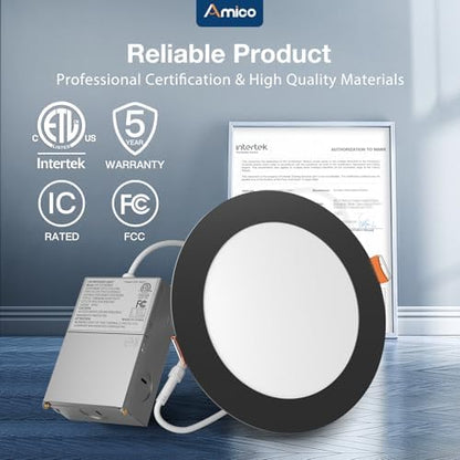 Amico 48 Pack 6 Inch LED Recessed Lighting, Canless Wafer Downlight, Black
