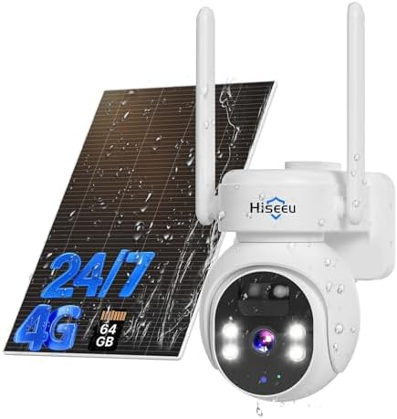 Hiseeu 4G LTE Cellular Security Camera Solar Powered, No WiFi Security Camera Wireless Outdoor, 24/7, PIR Motion, 2 Way Talk, 360° PT, 2K Color Night Vision, 64G SD & SIM Card Included