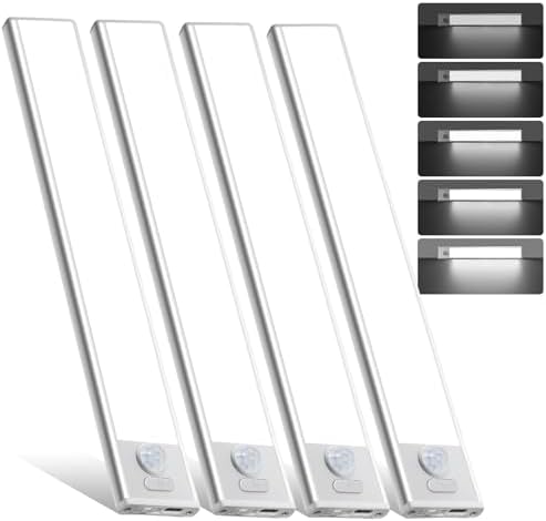 4 Pack Under Cabinet Lighting, Rechargeable Motion Sensor Light Indoor, Wireless Dimmable Magnetic Closet Lights, 32 LED Under Counter Lights for Kitchen, Wardrobe, Stairs, White Light
