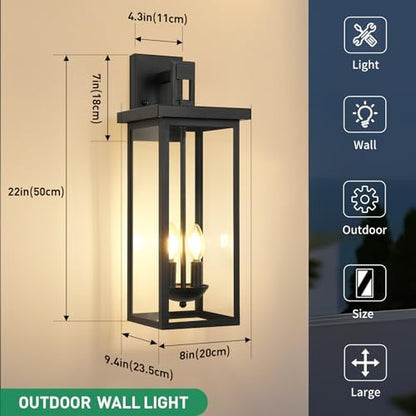22 in Large Black Outdoor Wall Lights Exterior Lighting Fixtures,2 Packs