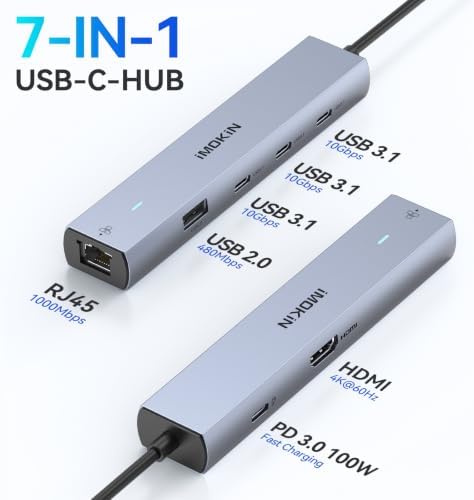 MOKiN 10Gbps USB C Hub Ethernet, 7 in 1 USB C Adapter for MacBook Pro/Air with 4K@60HZ HDMI, 3*USB-C 10Gbps Data, RJ45, USB 2.0, 100W PD, USB C Dongle for MacBook Pro/Air/Dell/HP/Thinkpad/Lenovo.