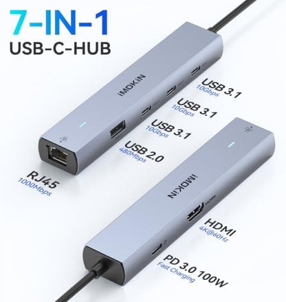 MOKiN 10Gbps USB C Hub Ethernet, 7 in 1 USB C Adapter for MacBook Pro/Air with 4K@60HZ HDMI, 3*USB-C 10Gbps Data, RJ45, USB 2.0, 100W PD, USB C Dongle for MacBook Pro/Air/Dell/HP/Thinkpad/Lenovo.
