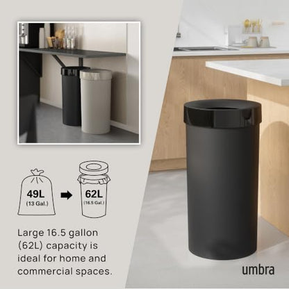 Umbra Vento Kitchen Trash Can, Open Top 16.5 Gallon Garbage Can, Black