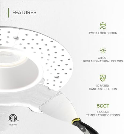 ASD 4 Inch Trimless LED Recessed Ceiling Light Fixture, Mud-in Canless Downlight with Junction Box, 5CCT 2700K-5000K, 15W 1055 Lumens, CRI90+, Anti-Glare, Dimmable, IC & Wet Rated, ETL, 8 Pack