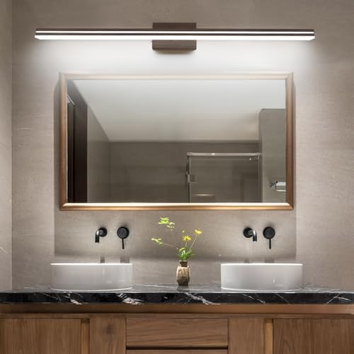 SineRise LED Modern Bathroom Vanity Light Fixtures (48-Inch, 3000K/4000K/6000K, Dimmable), Brown Wood Painted Modern Acrylic Bathroom Wall Lighting Fixtures Over Mirror