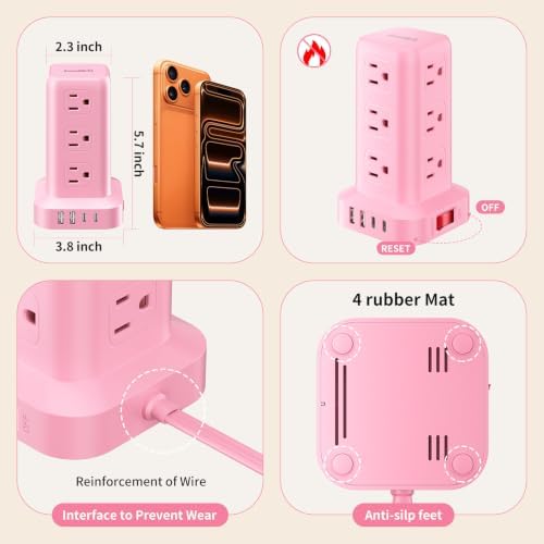 Extension Cord with Multiple Outlets, SMALLRT Power Strip Tower, Outlet Extender with 12 AC Outlets 4 USB, 6.5FT Extension Cord for Home Dorm Room, Office Supplies, Pink